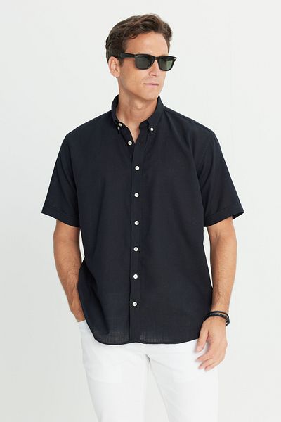 AC&Co / Altınyıldız Classics Ανδρικό μαύρο λινό πουκάμισο με 100% βαμβακερό γιακά με κουμπιά, άνετη εφαρμογή, άνετη εφαρμογή