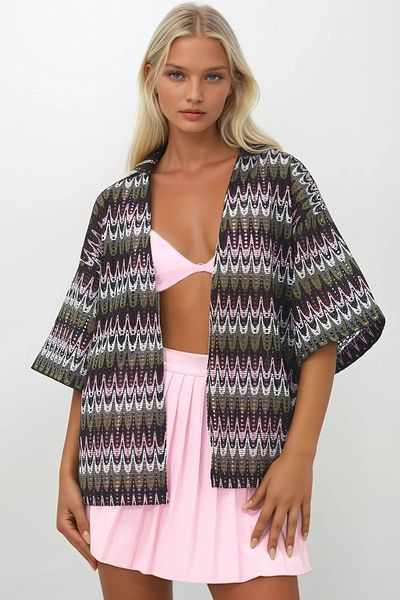 Trend Alaçatı Stili Damen-Kimono aus Guipure mit Lochmuster in Khaki, ALC-X14263
