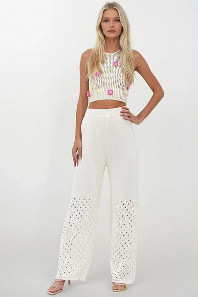 Trend Alaçatı Stili Pantaloni de plajă din tricotaj ajurat crem pentru femei ALC-X14259
