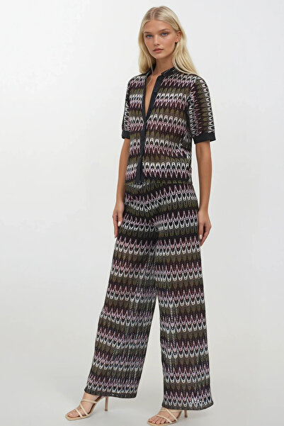 Trend Alaçatı Stili Women's Khaki Judge Collar Openwork Shirt and Lined Palazzo Pants Set Alc-X14255