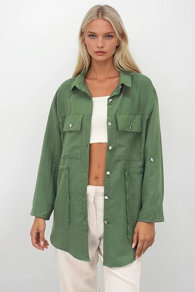 Trend Alaçatı Stili Khakifarbenes Aerobin-Safari-Hemd mit doppelter Tasche und Taillengürtel für Damen ALC-X14253