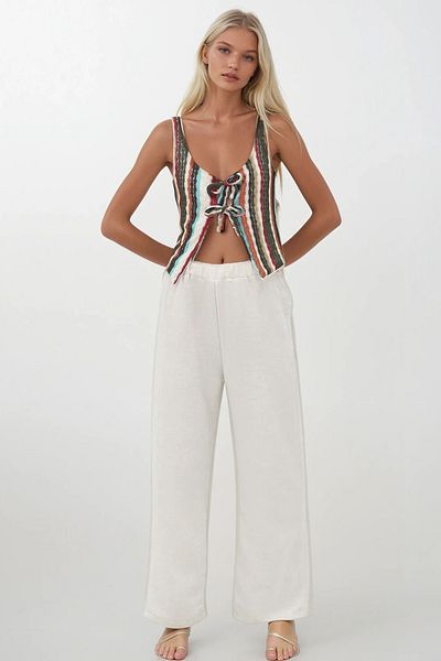 Trend Alaçatı Stili Women's Ecru Hole Openwork Lacing Detailed Vest and Linen Palazzo Trousers Set Alc-X14252
