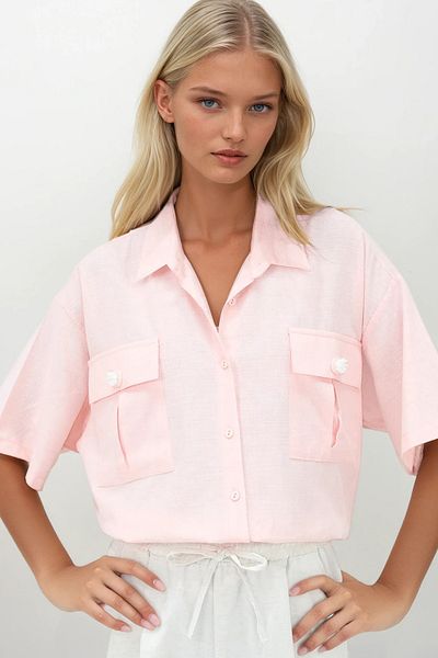 Trend Alaçatı Stili Women's Powder Pink Double Pocket Accessory Detailed Half Sleeve Linen Shirt Alc-X14269