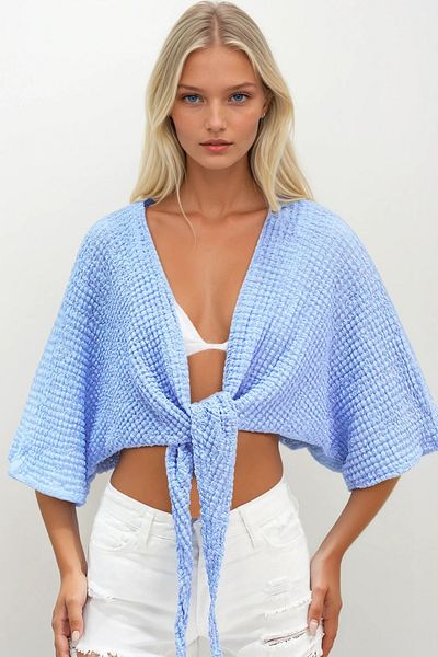 Trend Alaçatı Stili Γυναικεία Baby Blue Bat Sleeve με λεπτομέρεια μπλούζα με κορδόνια ALC-X14279