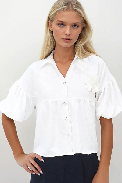 Trend Alaçatı Stili Cămașă crop din bumbac Kubra cu mâneci cu balon alb pentru femei ALC-X14270