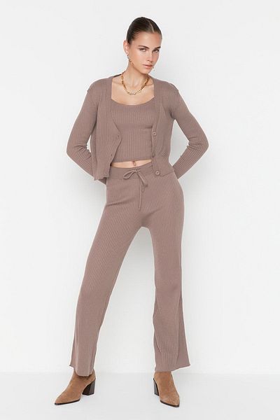 Trendyol Collection Mink Fitillli Blouse Cardigan Pants Knitwear Bottom-Top Set Twoaw22Au0006