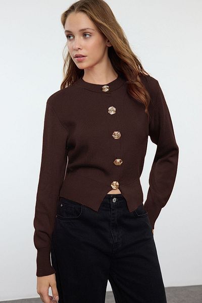 Trendyol Collection Brown Premium Yarn/Special Yarn Crop Rose Button Jacket Look Knitwear Cardigan Twoaw25Hi00110