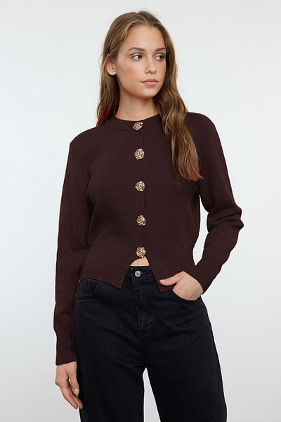Trendyol Collection Brown Premium Yarn/Special Yarn Crop Rose Button Jacket Look Knitwear Cardigan Twoaw25Hi00110