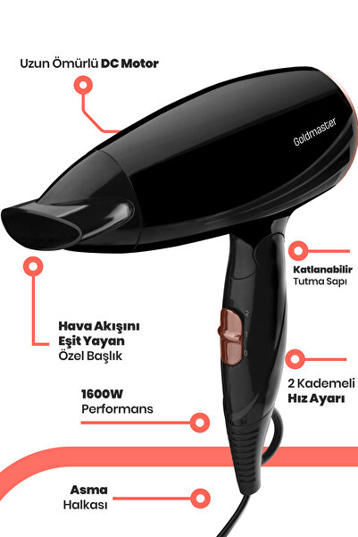 GOLDMASTER Fırtına 1600 Watt Dc Motor 2 Kademeli Isı Ayarlı Katlanabilir Saç Kurutma Makinesi BY4102