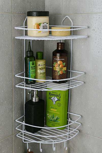 Sas Haus Ανοξείδωτο λευκό αυτοκόλλητο γωνιακό μπάνιο, θήκη για σαμπουάν, ράφι ντους 3 επιπέδων - 4 γάντζοι