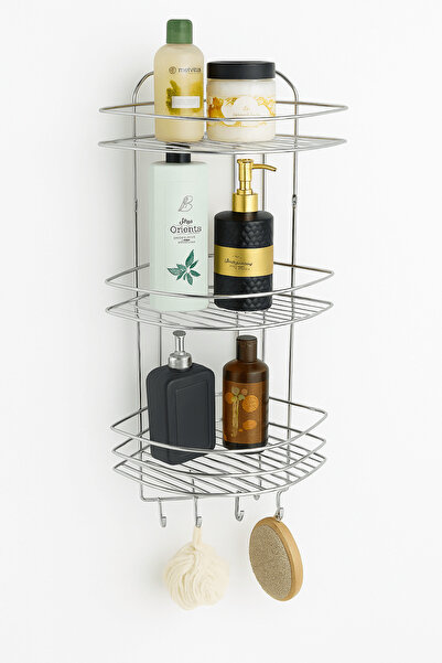 Sas Haus Ανοξείδωτο αυτοκόλλητο χρώμιο Οργανωτής γωνιακού μπάνιου, θήκη για σαμπουάν, ράφι ντους 3 επιπέδων - 4 γάντζοι