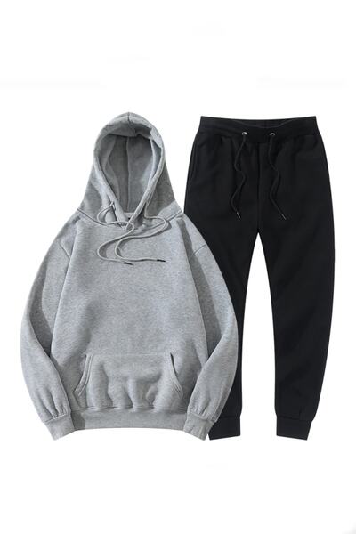 aksesuargo سويت شيرت رمادي بغطاء للرأس - مجموعة من السراويل الرياضية