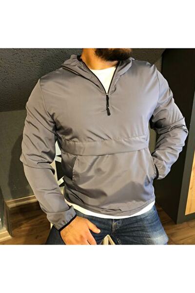 Genel Markalar Unısex Gri Ince Kanguru Cep Yağmurluk