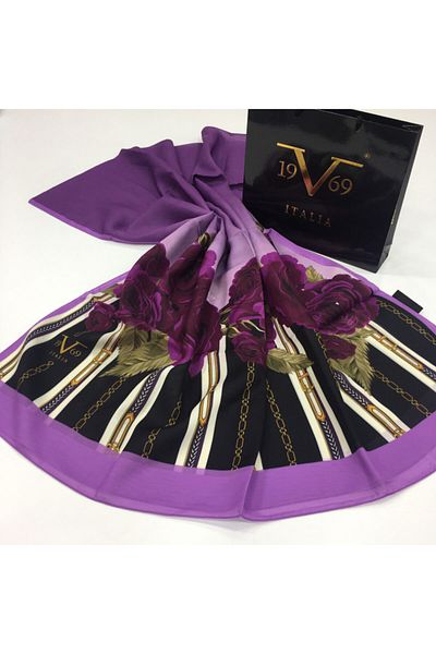 19V69 ITALIA Şal negru liliac cu model floral Seria Pavia cu agatator pentru eşarfe şi set cadou 90x200 cm