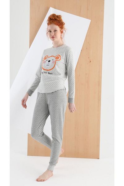 Sevim 13031 Set pijama cu mâneci lungi cu dungi gri cu puncte