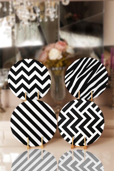 Realhomes 4'lü Siyah & Beyaz Geometrik Çizimli Servis Altlığı & Supla