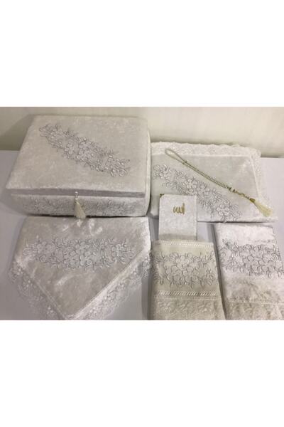 Lamazihome 7 Parça Krem Sandıklı Çeyizlik Kadife Seccade Seti Seccade Takımı