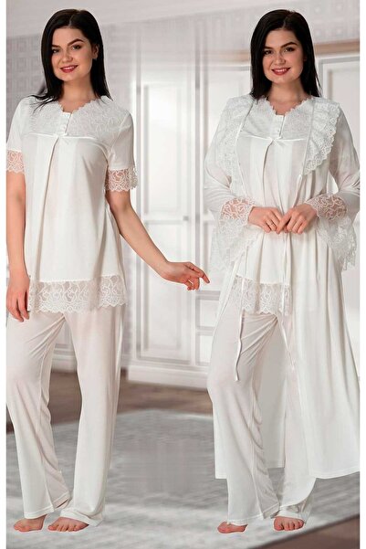 Effortt Ecru Maternity Pajama Set with Dressing Gown 5044