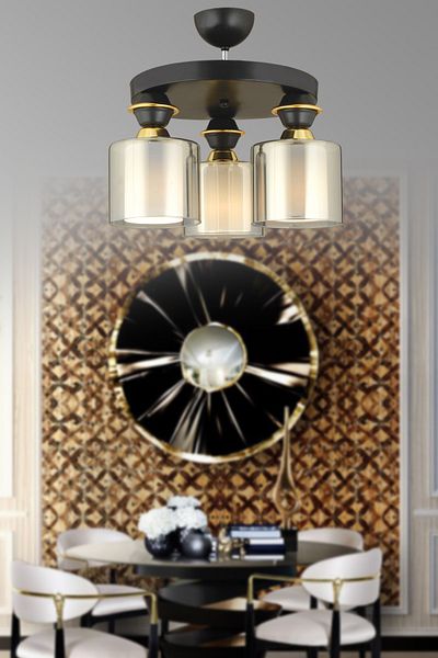 SONSUZ AYDINLATMA&AVİZE Black 3-Piece Mina Plafonier Smoked Double Glass Downward Facing Luxury Chandelier