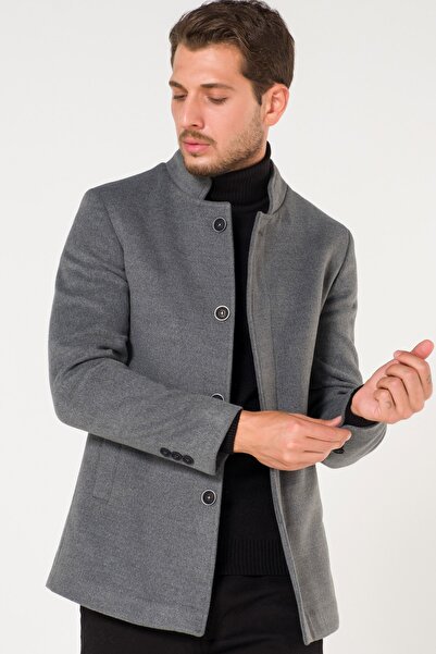 AtakGiyim Erkek Düz Gri Dik Yaka Kaşe Yamaç Kaban