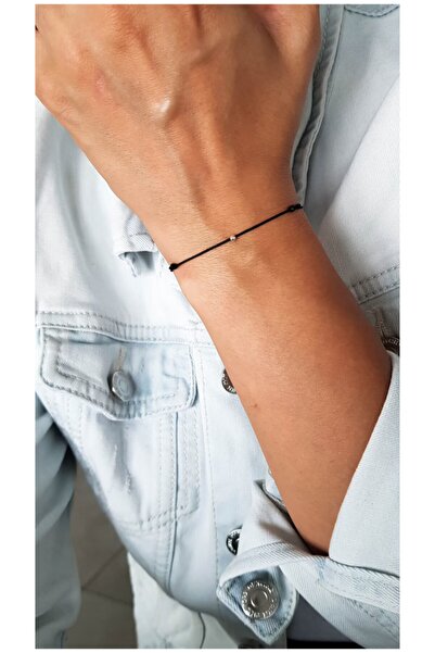 Atölye Merdiven Siyah Ip Minimal Bileklik 925 Ayar Gümüş