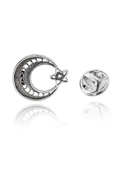 Aykat Türk Bayrağı Yaka Iğnesi Gümüş Rozet Ay Yıldız Oksitli Telkari Işlemeli Bay Model Trz-05