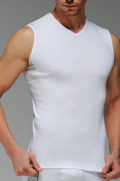 Çift Kaplan Erkek Ribana V Yaka Kolsuz Beyaz Atlet 0921