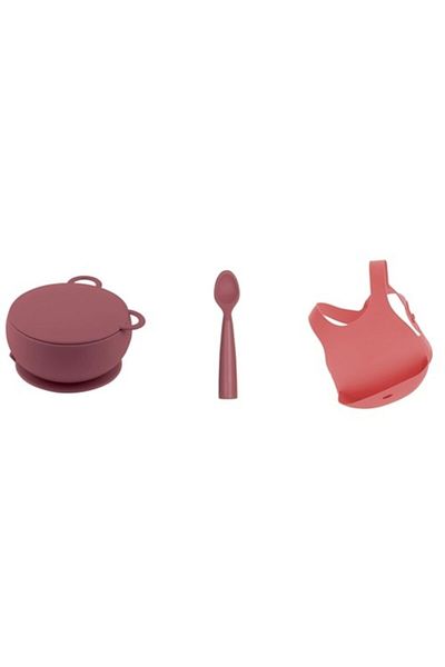 OiOi Set of 3 Bowls with Lid Claret Red, Nam Nam Spoon Claret Red, Baby Bib Claret Red