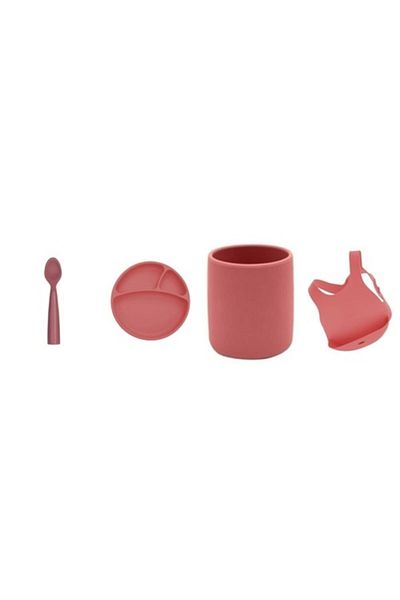 OiOi Set of 4 Portion Plates Claret Red, Spoon Claret Red, Glass Claret Red, Apron Claret Red
