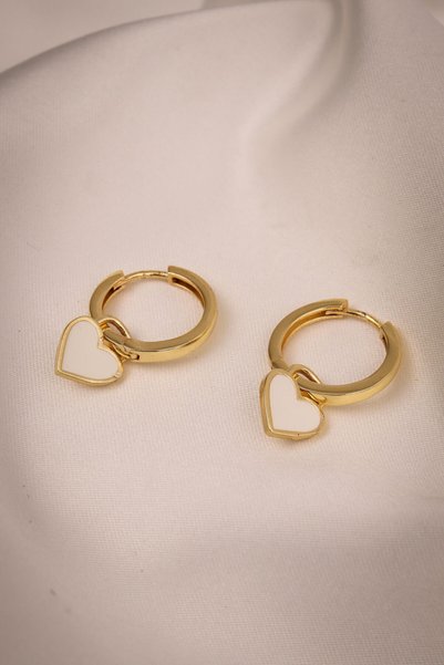 Batı Accessories White Enamel Heart Charm Gold Hoop Earrings