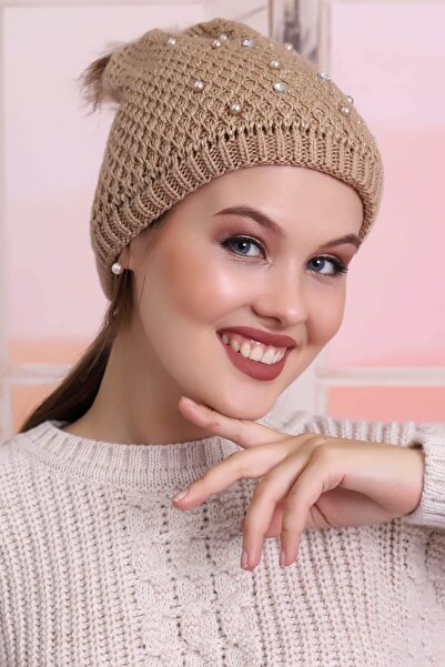 Deafox Brown Stone Detailed Pompom Beret
