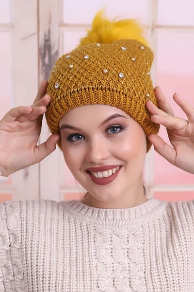 Deafox Барета с помпон с детайлен камък в цвят горчица
