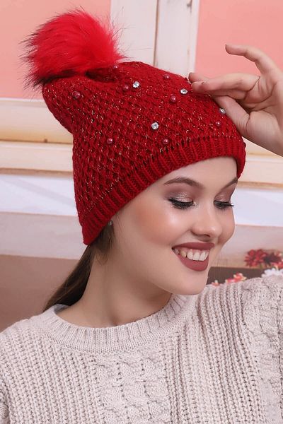 Deafox Red Stone Detailed Pompom Beret