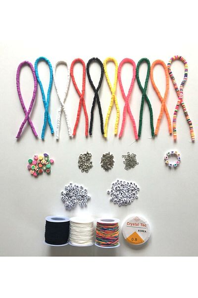 yiğit aksesuar Fimo Bead Set (10 Fimo Beads (6 Mm), Letter, Fruit and Heart Beads, Clip Set, Fishing Line and Rope)