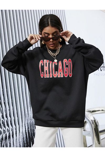 ALİKA Hanorac oversize cu imprimeu Chicago negru de damă