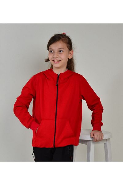 KİDSPİTİRCİK Unisex Kids Red Zippered Hooded 2 Thread Combed Cotton Cardigan 4-season