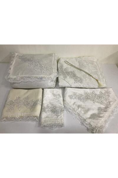 Lamazihome Lüks Krem Hurçlu 6 Parça Kadife Seccade Seti Bohça Takımı