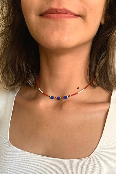 Suerte Accessories Minimal Lacivert Tila Miyuki Boncuklu Afgan Taşlı El Yapımı Kolye