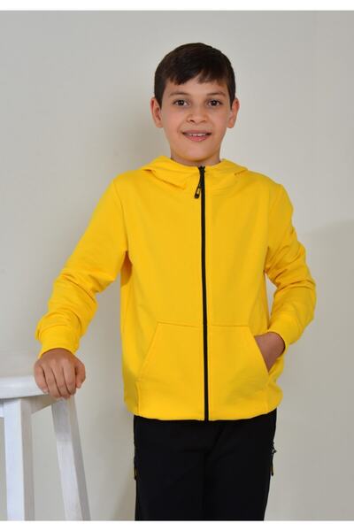 KİDSPİTİRCİK Hanorac unisex pentru copii, galben, cu fermoar, cardigan din bumbac pieptănat, 4 sezoane