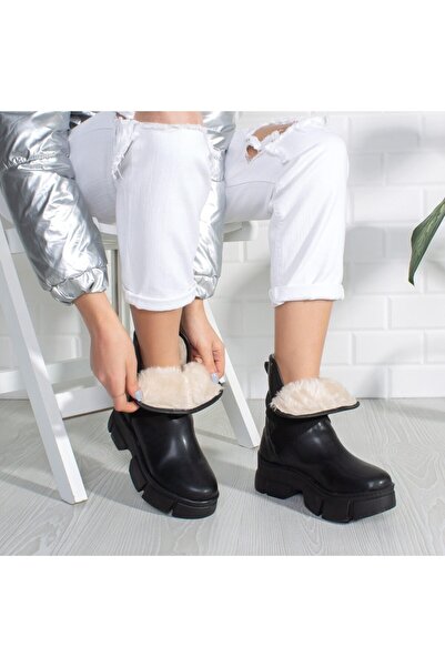 MEVESE Черни кожени дамски боти с косъм отвътре - Lucca