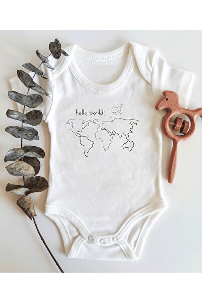 Genel Markalar Hello World Harita Desenli Kısa Kol Organik Bebek Body