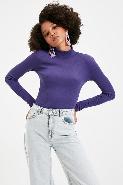 Trendyol Collection Μωβ εφαρμοστή ψηλό λαιμό, μακρύ μανίκι, ελαστική πλεκτή μπλούζα TWOAW21BZ0423