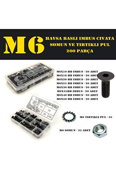 Site Hırdavat 200 Parça M6 Havşa Baş Imbus Cıvata Somun Ve Pul Seti