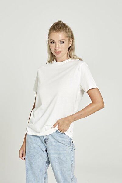 FEIN GLOW Beyaz Basıc Kadın Örme T-shırt