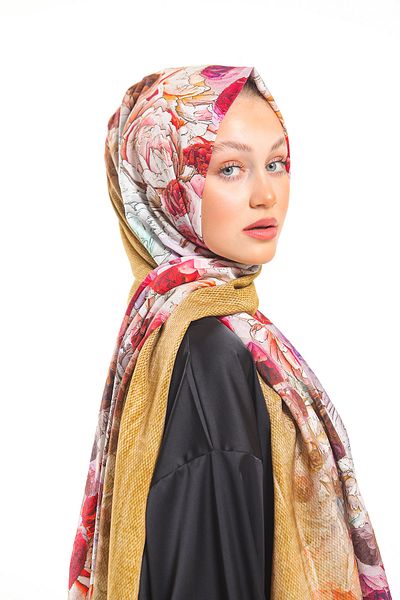 19V69 ITALIA Mustard Claret Red Shawl Floral Pattern Elegante Series with Scarf Hanger and Gift Set 75x200 Cm