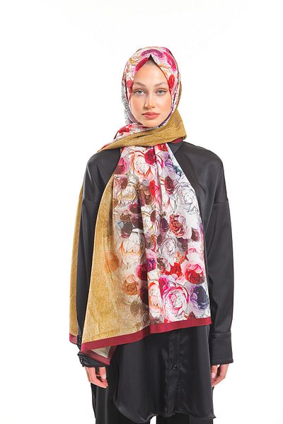 19V69 ITALIA Mustard Claret Red Shawl Floral Pattern Elegante Series with Scarf Hanger and Gift Set 75x200 Cm