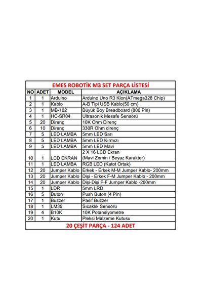 Arduino Emes Robotik 124 Parça Uno R3 Robotik Kodlama Uygulamaları Ileri Başlangıç Proje Seti M3