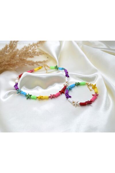 Y&M PERLA ACCESSORİES Kadın Renkli Yıldız Fimo Kolye Bileklik Set