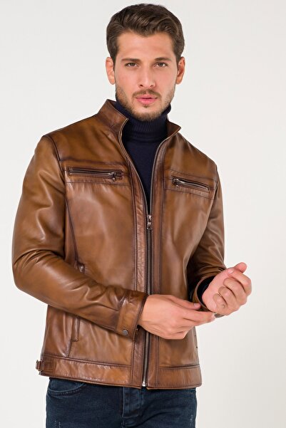 AtakGiyim Erkek Açık Kahve Dik Yaka Hakiki Deri Mont Ceket