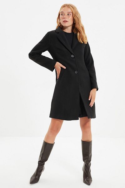 Trendyol Collection Schwarzer, taillierter, langer Kaschmirmantel aus Wolle
